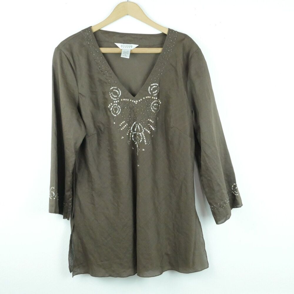 100% Linen XL Tunic Top Chocolate Brown Beaded Resort Vacation Beachy Elegant